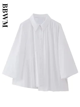 Асимметричная рубашка, Женские Белые плиссированные рубашки и блузки, Винтажный Свободный топ с длинным рукавом 2023, Шикарная женская летняя блузка с отворотом