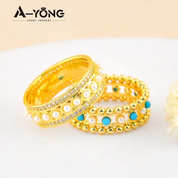 Кольцо с жемчугом золотого цвета AYONG 21k Позолоченный Синий камень Медные коктейльные кольца Женские Элегантные украшения для свадебной вечеринки Подарки