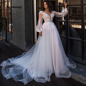 Свадебное платье в стиле бохо с пышными длинными рукавами и аппликацией трапециевидной формы Длиной до пола, Свадебное платье принцессы на заказ