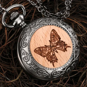 Шикарные кварцевые карманные часы с древним рисунком Карманные часы с бабочкой из букового дерева, подвеской из мелкой древесной стружки, изящные часы на цепочке