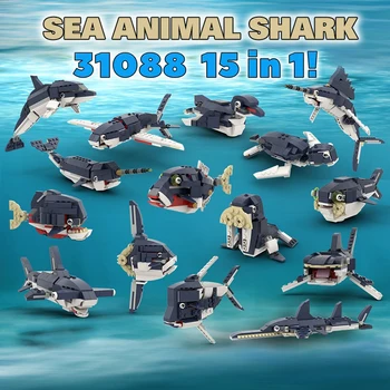 Moc Animal 15-в-одном Морская жизнь Акула Дельфин Черепаха Креативный строительный блок Идеи моделей Модульные животные Детская игрушка в подарок