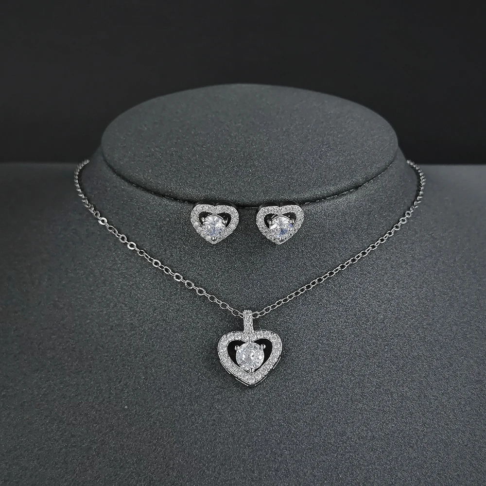Комплект ювелирных изделий для невесты серебристого цвета, 2 шт., серьги-гвоздики в форме сердца, ожерелье, подвеска, Модный Рождественский подарок Для женщин J1472b